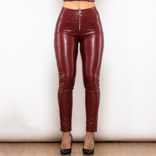 Red Leather High Waist Pants with Ring Zipper