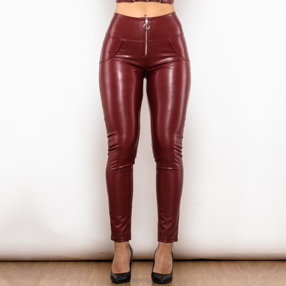 Red Leather High Waist Pants with Ring Zipper