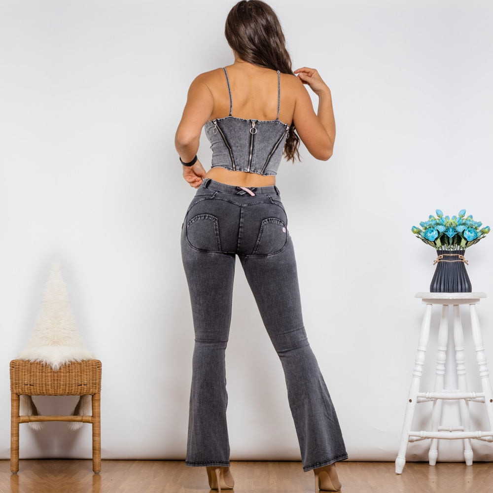 Shaper Suit Grey Denim Bodysuit Zipper Push Up Top Middle Waist Butt Lift Flare Jeans Women Two Piece Outfits Melody Wear™️