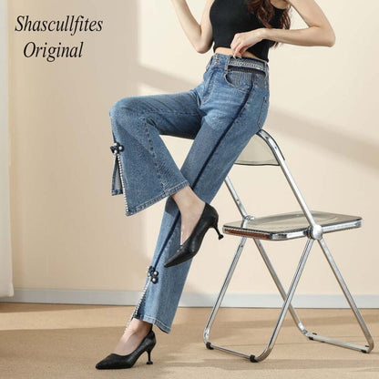 Original Design Tassels Jeans High Waist Casual Loose Denim Jeans Womens Clothing Pearl Bell Jeans Melody Wear™️