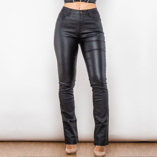 Black Coated Flared Pants Super Stretchy Trousers Waxed Pants Top Quality Wet Look Pants Women's Pants