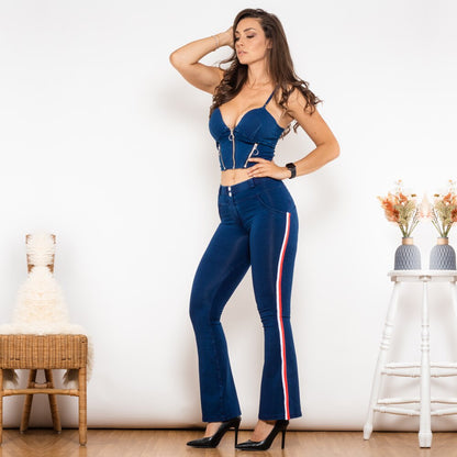 Shaper Set Mid Waist Dark Thread Blue Flare Jeans with Stripe Jeans Set Sexy Flare Pants 2 Pieces Set