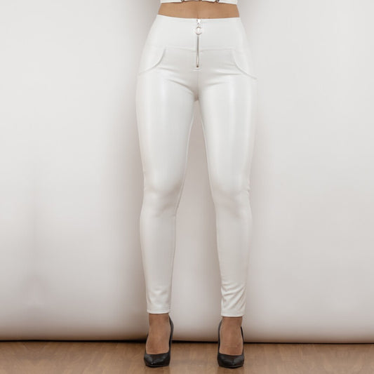 White Leather High Waist Pants with Ring Zipper