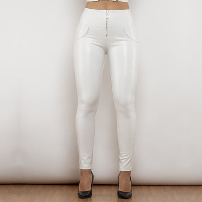 White Leather High Waist Pants with Ring Zipper