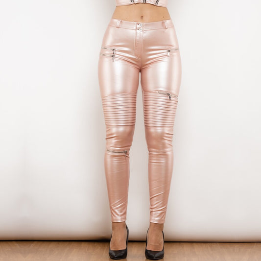 Middle Waist Pink Motor Leather Pants
