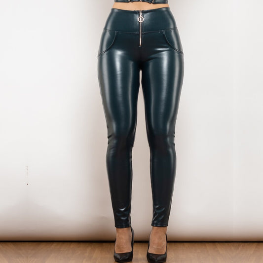 Blue Leather High Waist Pants with Ring Zipper