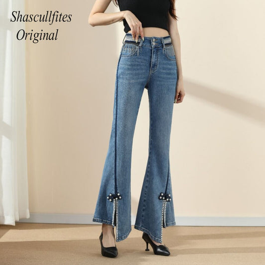 Original Design Tassels Jeans High Waist Casual Loose Denim Jeans Womens Clothing Pearl Bell Jeans