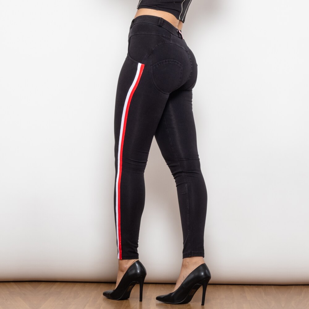 Middle Waist Dark Thread Black Jeans with White&Red Stripe Melody Wear™️
