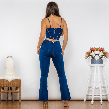 Shaper Set Dark Blue Bodysuit Zipper Push Up Top Middle Waist Flare Jeans Women Two Piece Clothes for Women Melody Wear™️