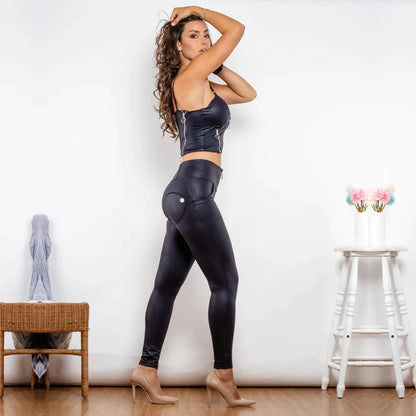 Shaper Set High Waist Crackle Black Coated Lifting Pants Ring Zipper Women Two Piece Set Pants And Top Melody Wear™️