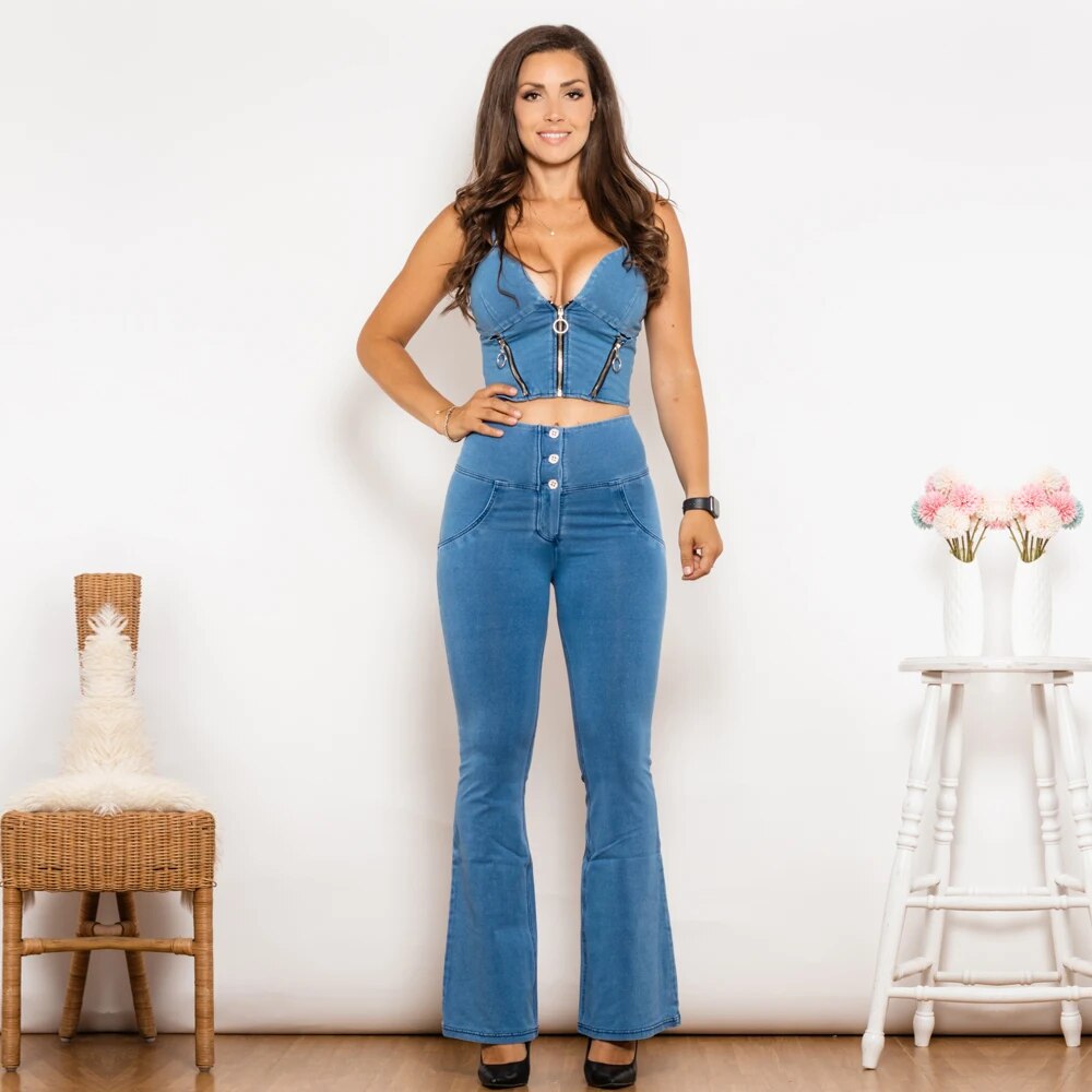 Shaper Set Light Blue Striped Flared Lift Jeggings Button Up Flare Jeans Set Sexy Bodysuit 2 Pieces Set Melody Wear™️